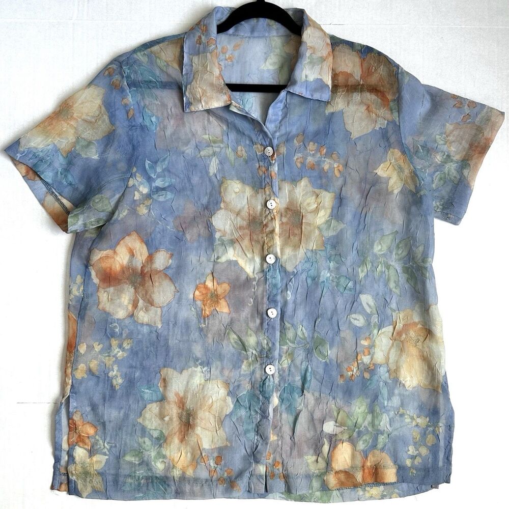 Sheer Women’s Short Sleeve Floral Blouse Size L Blue Button Up Layer Boho Top